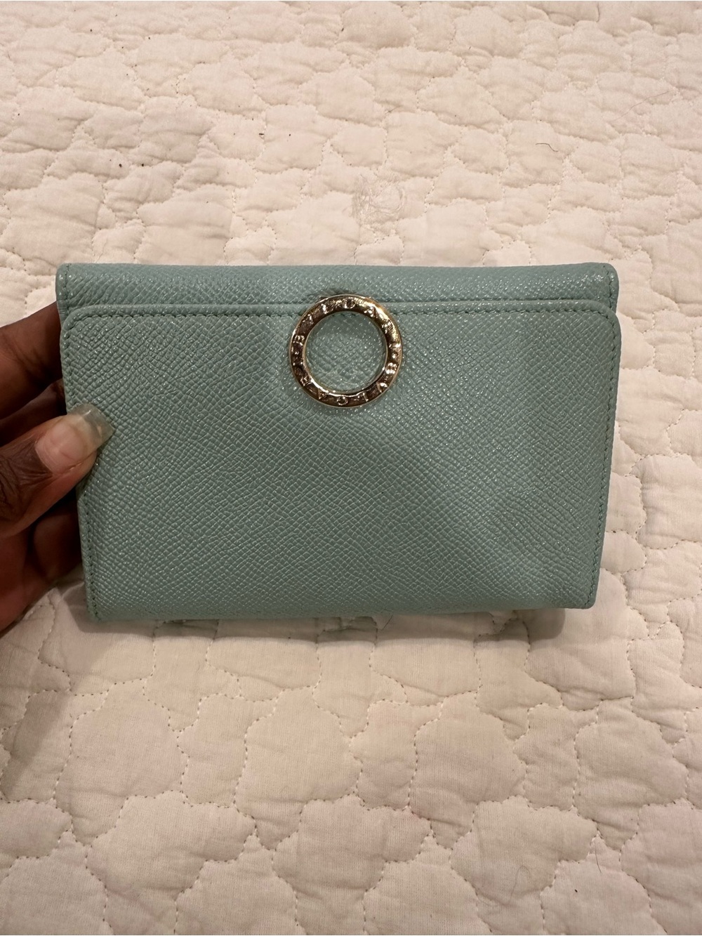 Bulgari Mint Blue Leather Wallet with Gold Emblem